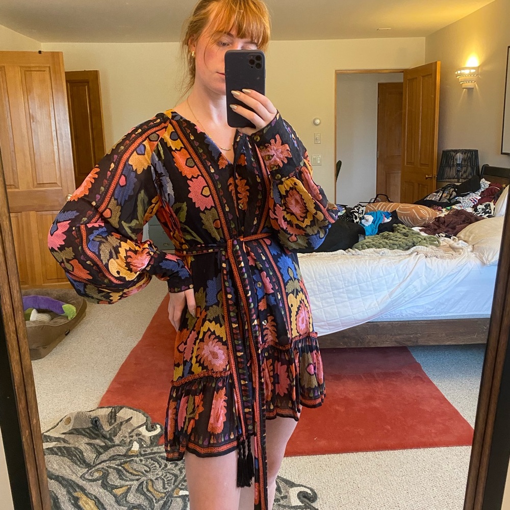 Farm Rio Black Flowers Tapestry Mini Dress